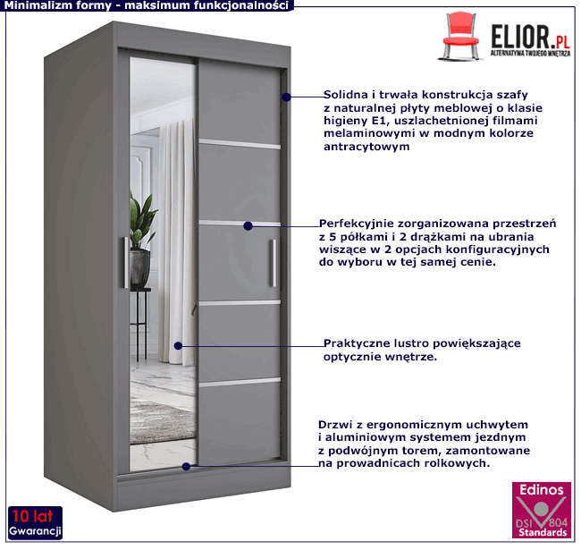 Szafa przesuwna z lustrem w kolorze antracyt Ebia 2X