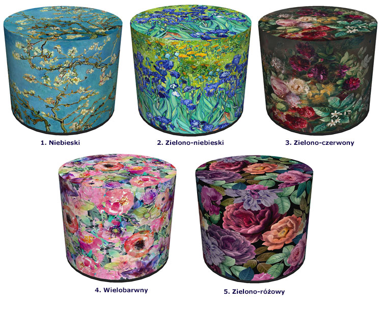 Wzory kolorowej tapicerowanej okrągłej pufy Matilda
