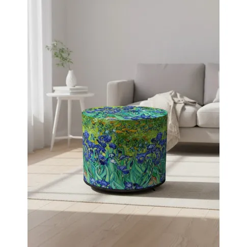 Zielono niebieska tapicerowana pufa z motywem roślinnym