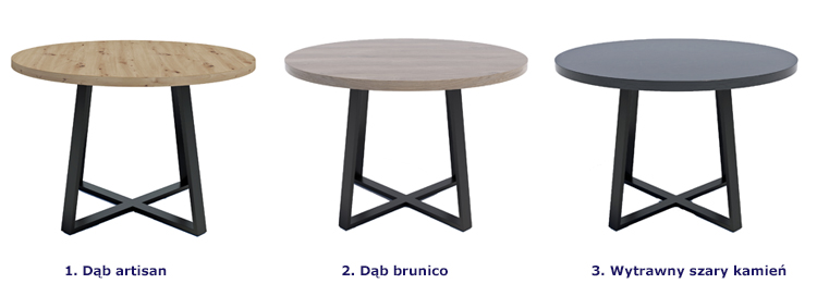 Dostępne opcje kolorystyczne loftowego stołu typu X Evert