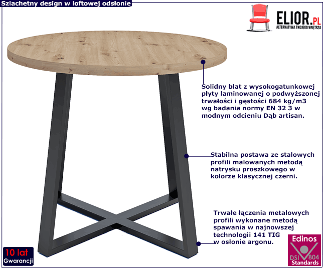 Loftowy stół z nogami ze stali i blatem dąb artisan Jens