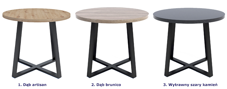 Dostępne opcje kolorystyczne loftowego stołu typu X Jens