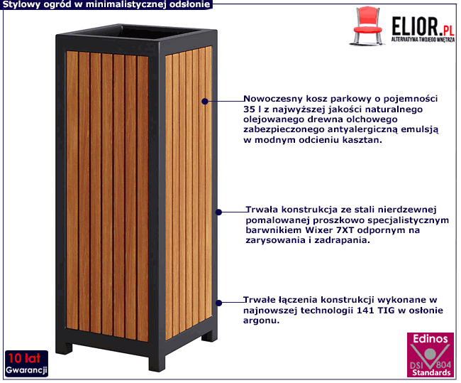 Nowoczesny ogrodowy kosz na śmieci w kolorze kasztan Sillas