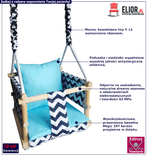 Niebieska huśtawka dziecięca Vilan z bawełnianymi poduszkami