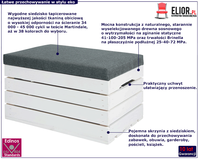 Biała drewniana skrzynia z siedziskiem Alva 3X
