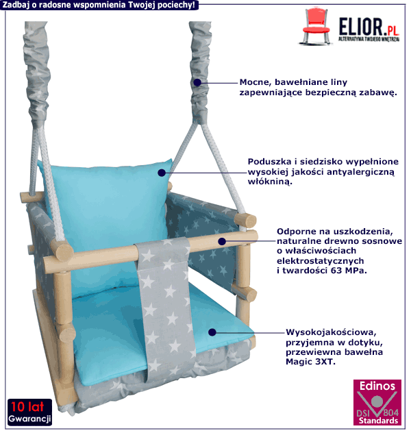Niebiesko-szara huśtawka dziecięca kubełkowa Lena 3w1