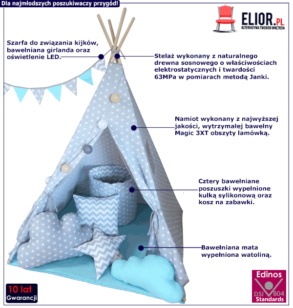 Dziecięcy namiot tipi Somit z czterema poduszkami i oświetleniem LED