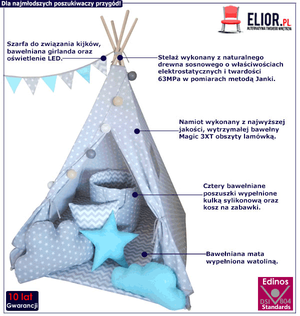 Dziecięcy namiot tipi Antal z czterema poduszkami i oświetleniem LED