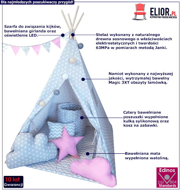 Dziecięcy namiot tipi Somit z czterema poduszkami i oświetleniem LED