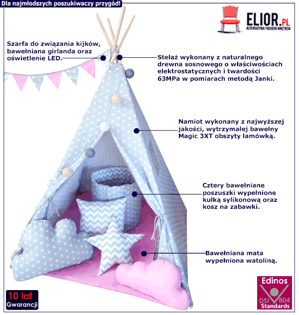 Dziecięcy namiot tipi Mariel z czterema poduszkami i oświetleniem LED