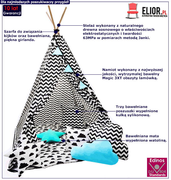 Dziecięcy namiot tipi Lunari z trzema poduszkami i girlandą