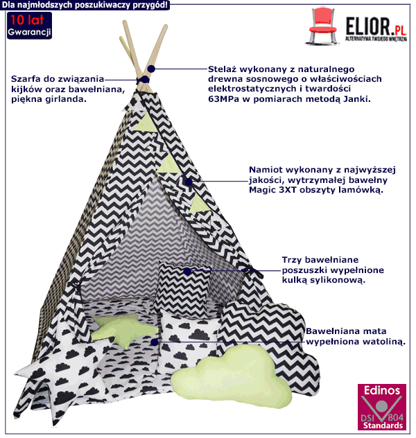Dziecięcy namiot tipi Loster z trzema poduszkami i girlandą