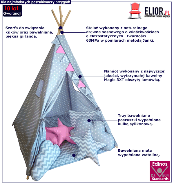 Dziecięcy namiot tipi Levana z matą i trzema poduszkami