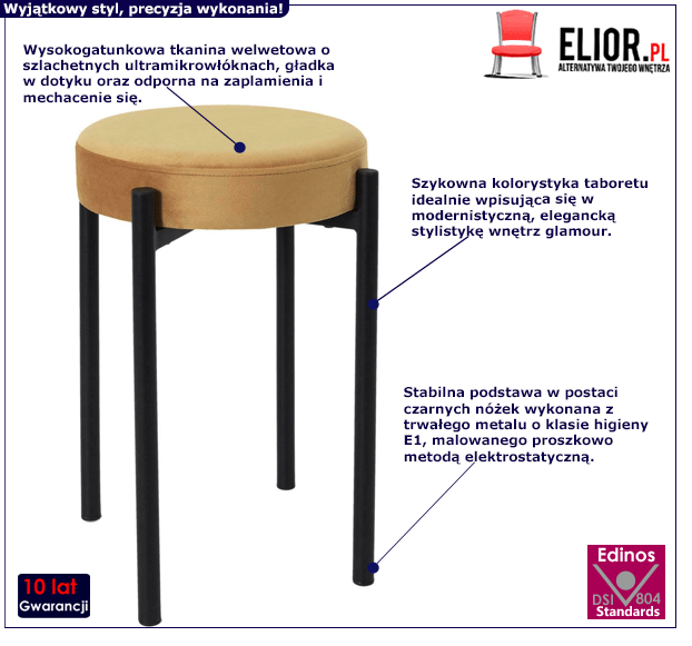 Żółty taboret Erks - welwetowy
