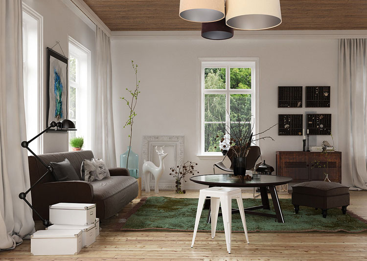 Trójkolorowy okrągły plafon EXX34-Kalio z trzema welurowymi abażurami