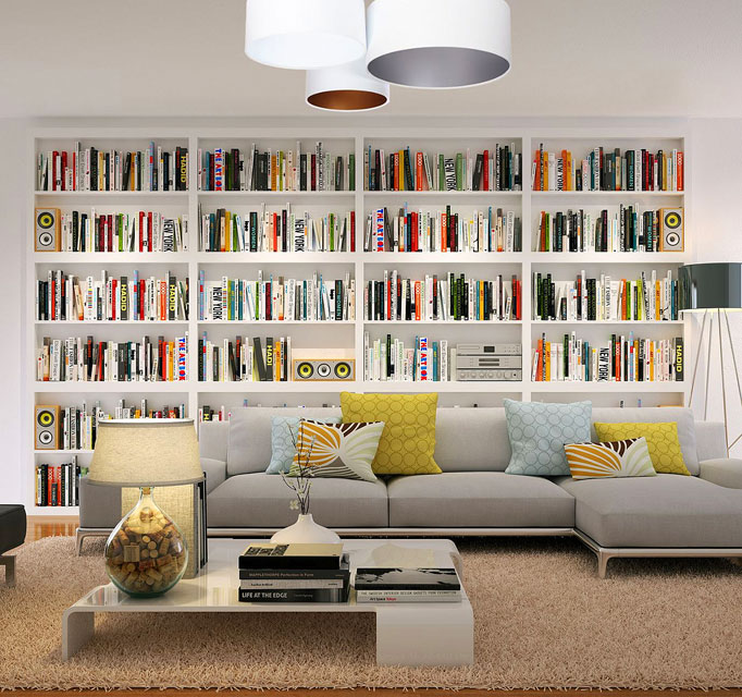 Biała okrągła plafoniada EXX37-Vendo z trzema welurowymi abażurami