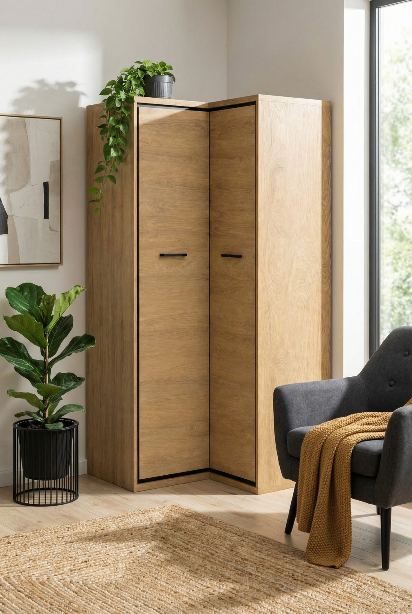 Wnętrze z szafą narożną Acorus hikkora naturalna