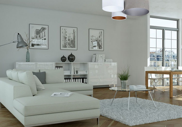 Biało-szara potrójna plafoniada EXX43-Pueblar z okrągłymi welurowymi abażurami