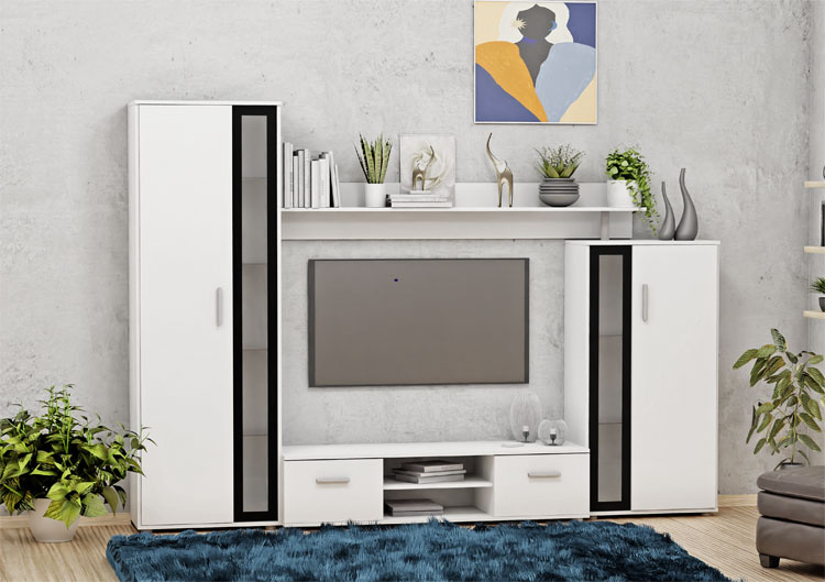 Zestaw mebli do salonu Mudora z szafką RTV i dwoma witrynami