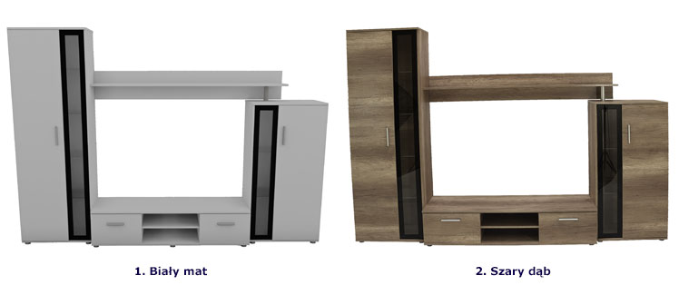 Biała meblościanka do salonu Mudora z szafką pod telewizor i dwoma witrynami
