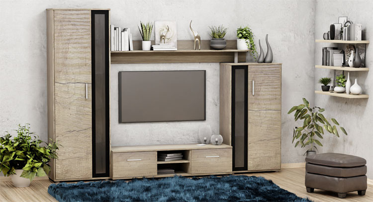 Zestaw mebli do salonu Teliva z szafką RTV i dwoma witrynami