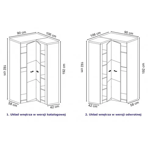 Dostępne wersje układu wnetrza szafy narożnej Dagna