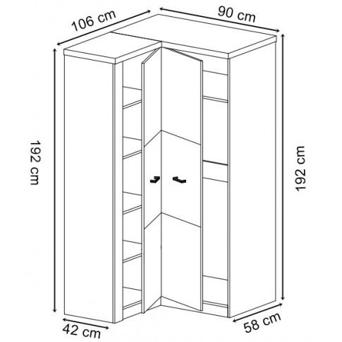 Wymiary i układ wnętrza odwrotnej wersji szafy narożnej Dagna