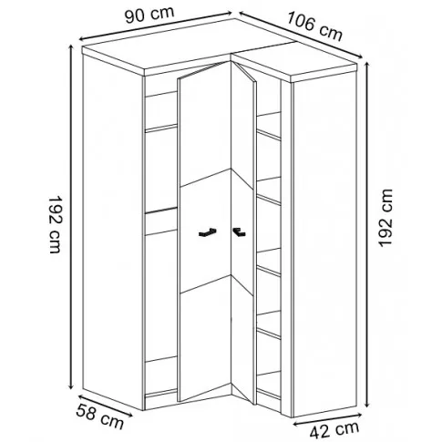 Wymiary i układ wnętrza katalogowej wersji szafy narożnej Dagna