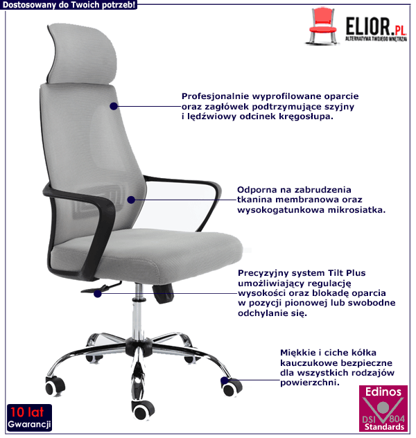 Szary biurowy fotel obrotowy Tirena