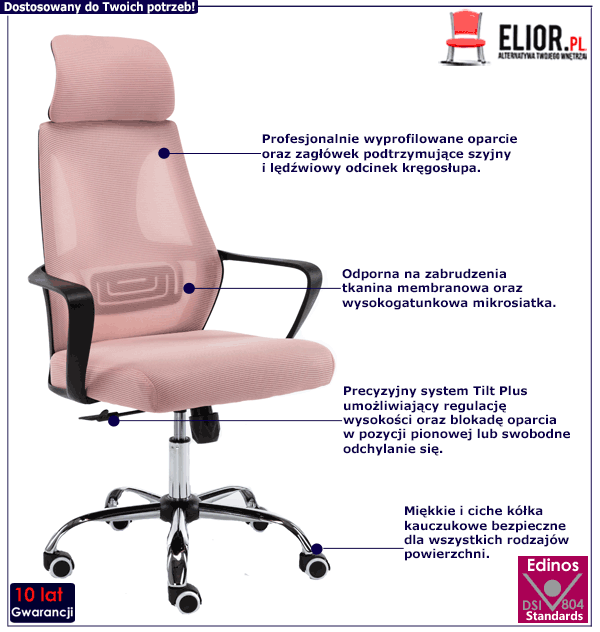 Różowy biurowy fotel obrotowy Fisan