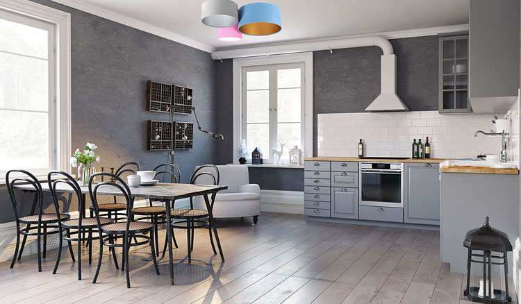 Trójkolorowa welurowa plafoniada EXX60-Buster z trzema abażurami