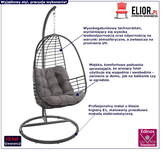 Antracytowy fotel wiszący Turneo - balkonowy