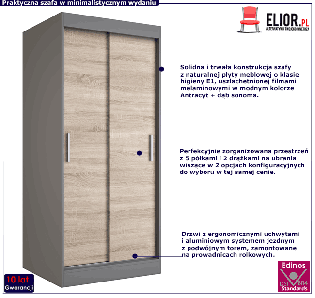 Antracytowa szafa przesuwna z frontem w kolorze dąb sonoma Erco 2X