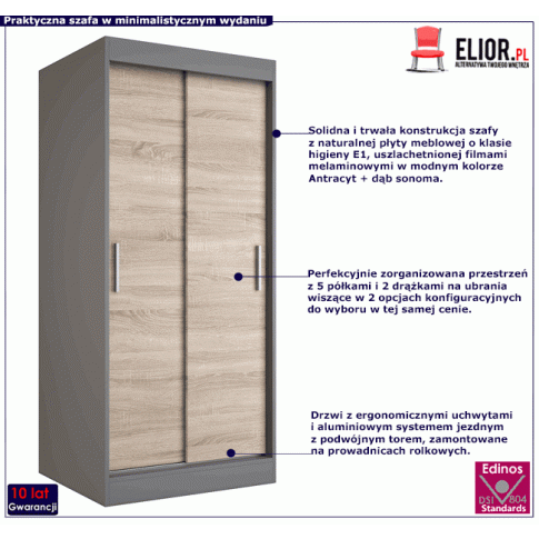 Szafa przesuwna na ubrania w kolorze antracyt dąb sonoma Corina 2X