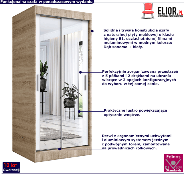 Szafa przesuwna z lustrem w kolorze dąb sonoma biały Edna 2X