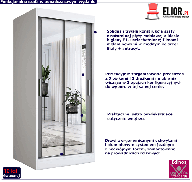 Biała szafa przesuwna z lustrem i frontem antracytowym Edna 2X