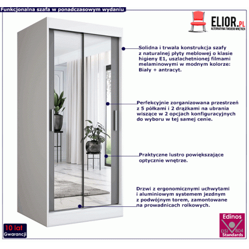 Szafa przesuwna kolorze biały antracyt z lustrzanym frontem Edna 2X