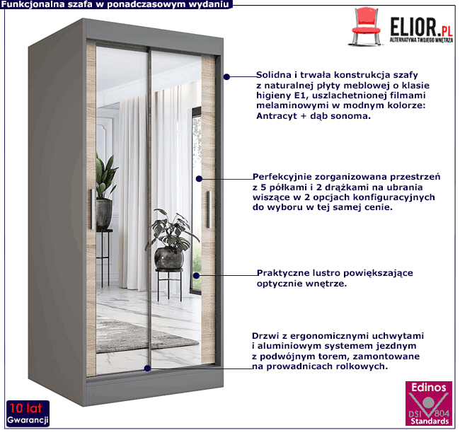 Dwudrzwiowa szafa przesuwna antracyt + dąb sonoma Edna 2X
