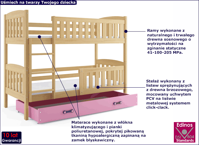 Drewniane łóżko z różową szufladą Celinda