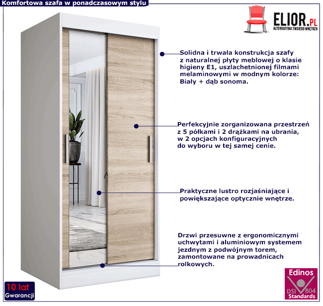 Biała szafa przesuwna z lustrem i frontem dąb sonoma Seko 2X