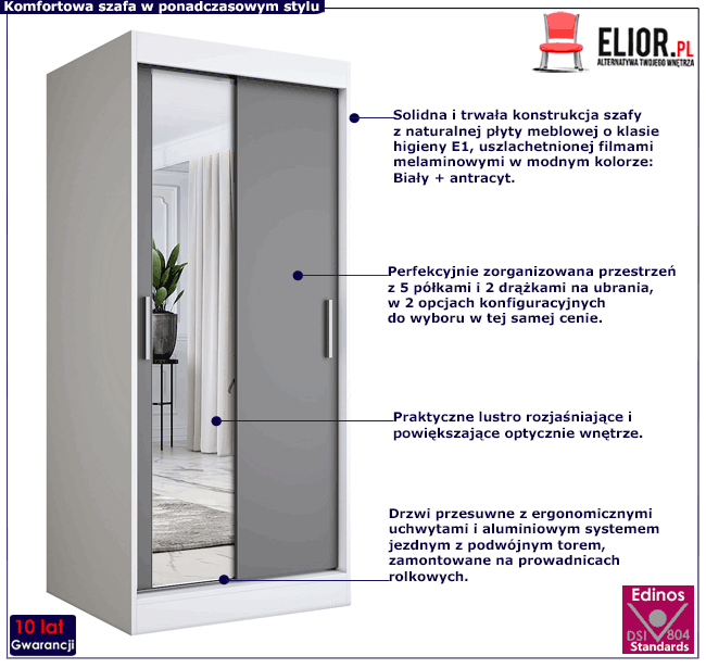 Biała szafa przesuwna z lustrem i frontem antracytowym Seko 2X