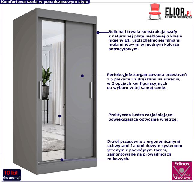 Antracytowa szafa przesuwna z lustrem Seko 2X