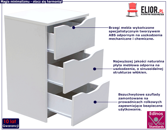 Biała minimalistyczna szafka z trzema szufladami Rusell 3X