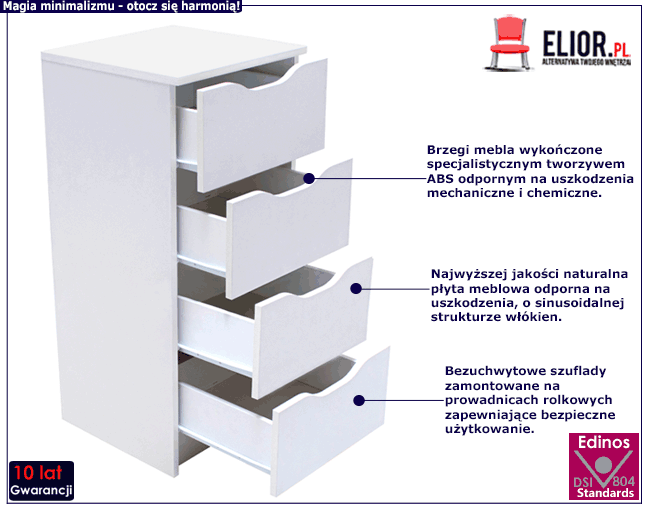 Biała minimalistyczna komoda z czterema szufladami Rusell 4X