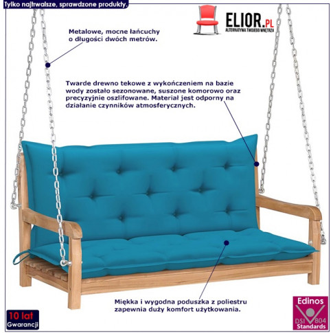 Drewniana huśtawka z błękitną poduszką Paloma 2X infografika