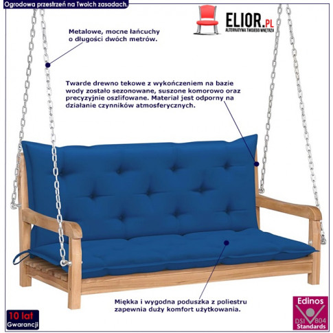 Drewniana huśtawka z niebieską poduszką Paloma 2x infografika