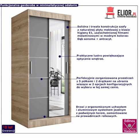 Szafa przesuwna na ubrania w kolorze dab sonoma antracyt Lorenza 2X