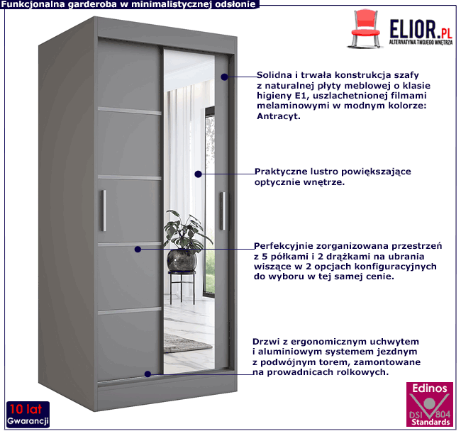 Szafa przesuwna z lustrem w kolorze antracytowym Marmos 2X