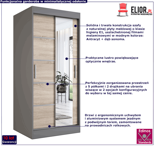 Szafa przesuwna z lustrem w kolorze antracyt + dąb sonoma Marmos 2X