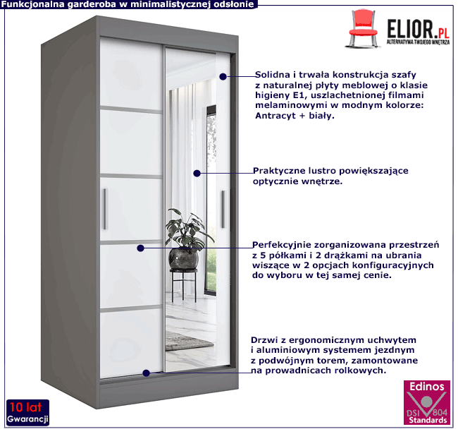 Szafa przesuwna z lustrem w kolorze antracyt + biały Marmos 2X